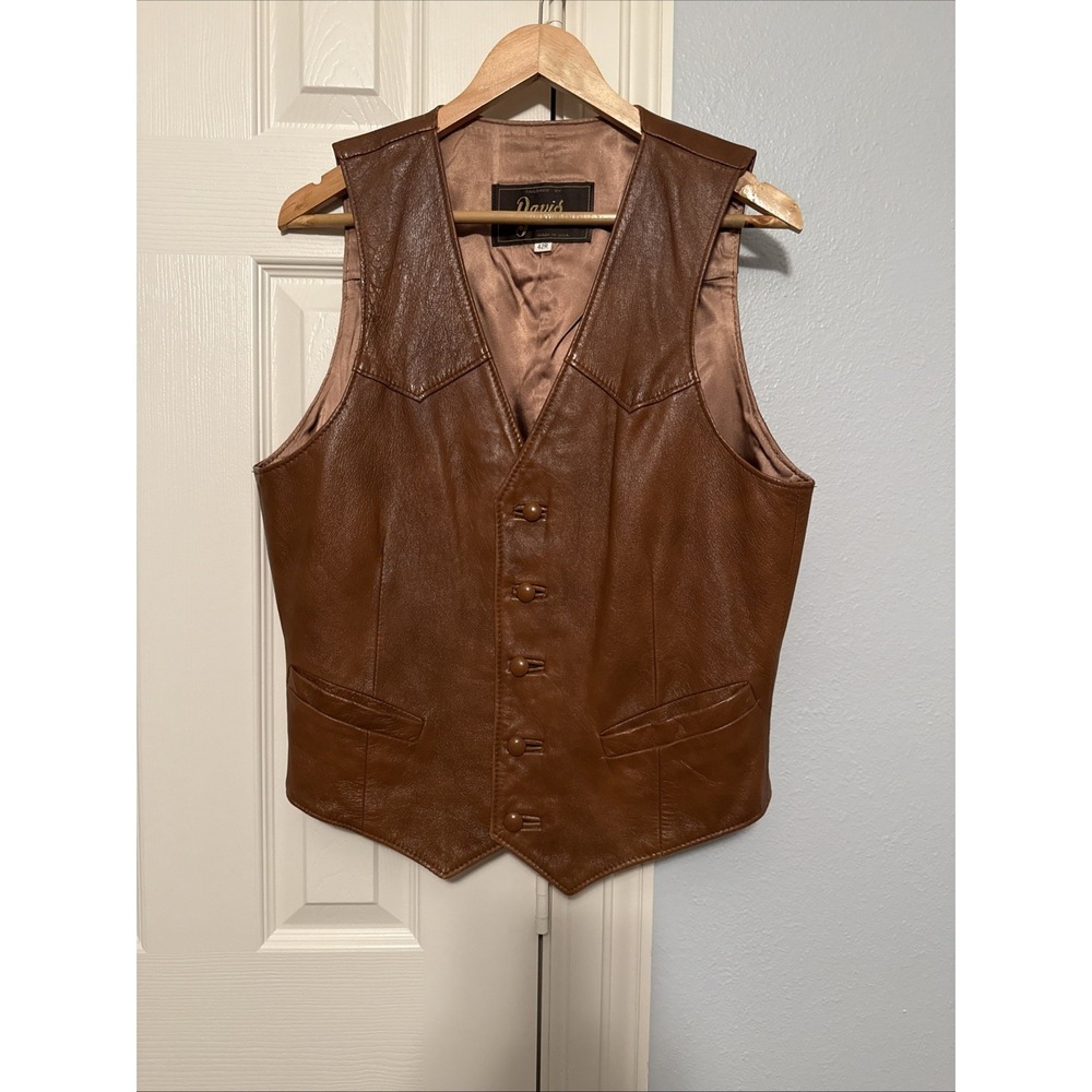 Vintage David James Western High Quality Leather Vest 42R - Made in USA Cowboy